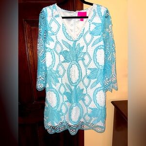 Euc Size 10 Lilly Pulitzer Lottie romper crochet blue white lace pineapple fruit
